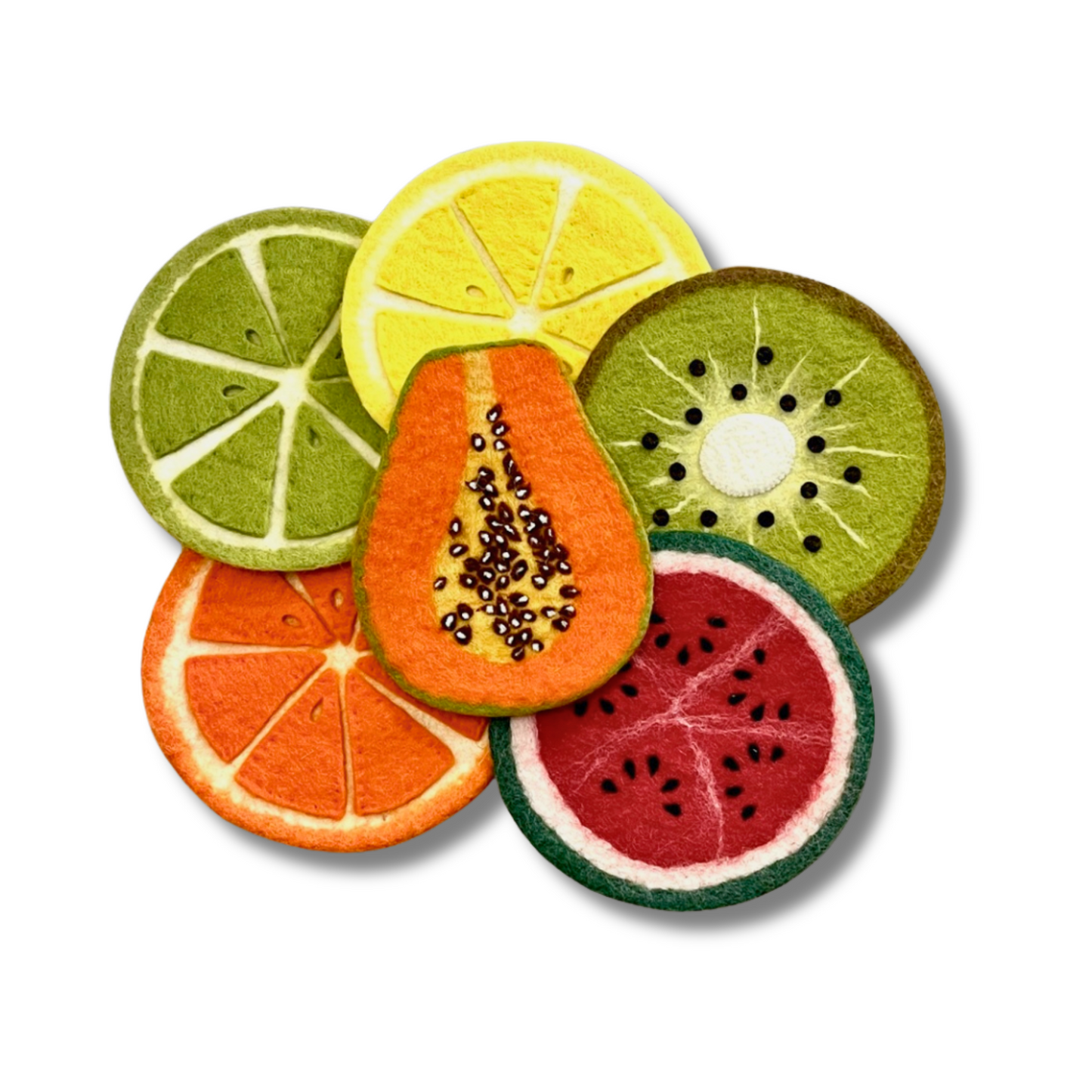 picture of six felt trivets shaped like a kiwi, orange, lemon, lime, watermelon, and papaya.