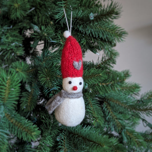 handcrafted felt knitted snowperson ornament